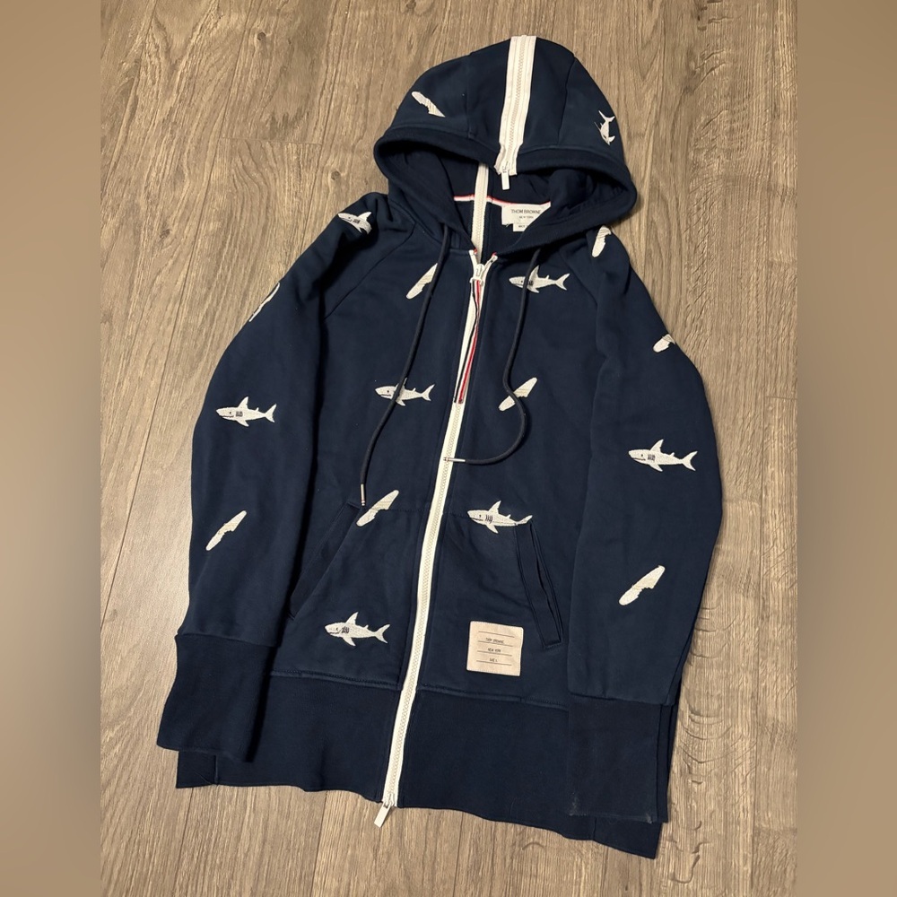 Thom Browne Navy and White Shark Zip Hoodie image 2